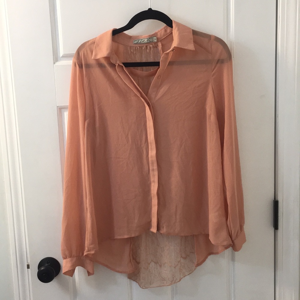 Blush lace accent button down